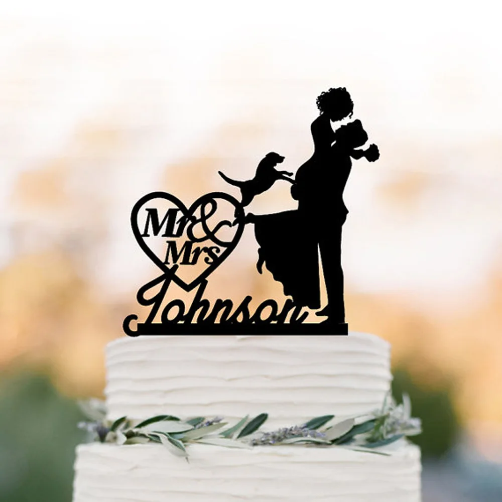 Dog Personalized Wedding Cake topper, groom lifting bride and mr and mrs in heart funny cake topper, acrylic Silver cake topper.