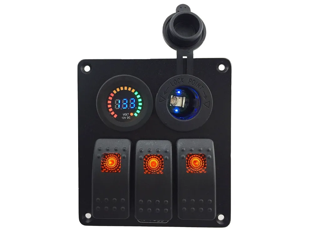 

DC 12-24V color voltmeter + Blue led Power Charger Socket 3 Gang Orange Rocker Switch Panel for Marine Boat Car RV Vehicles