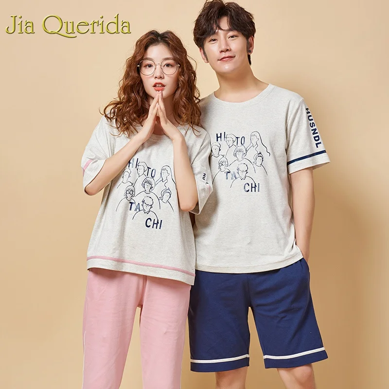 

J&Q Pyjamas Women 2019 Summer 100% Couple Home Shorts Pink Sweet Sleepwear Men and Women Pajama Shorts Fashion Matching Clothing