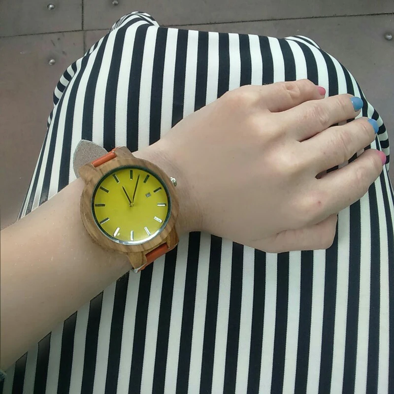 BOBO BIRD L-O09 Yellow Dial Ladies Watches with Calendar Design Zebra Wooden Watches for Men in Gift Box Drop Shipping