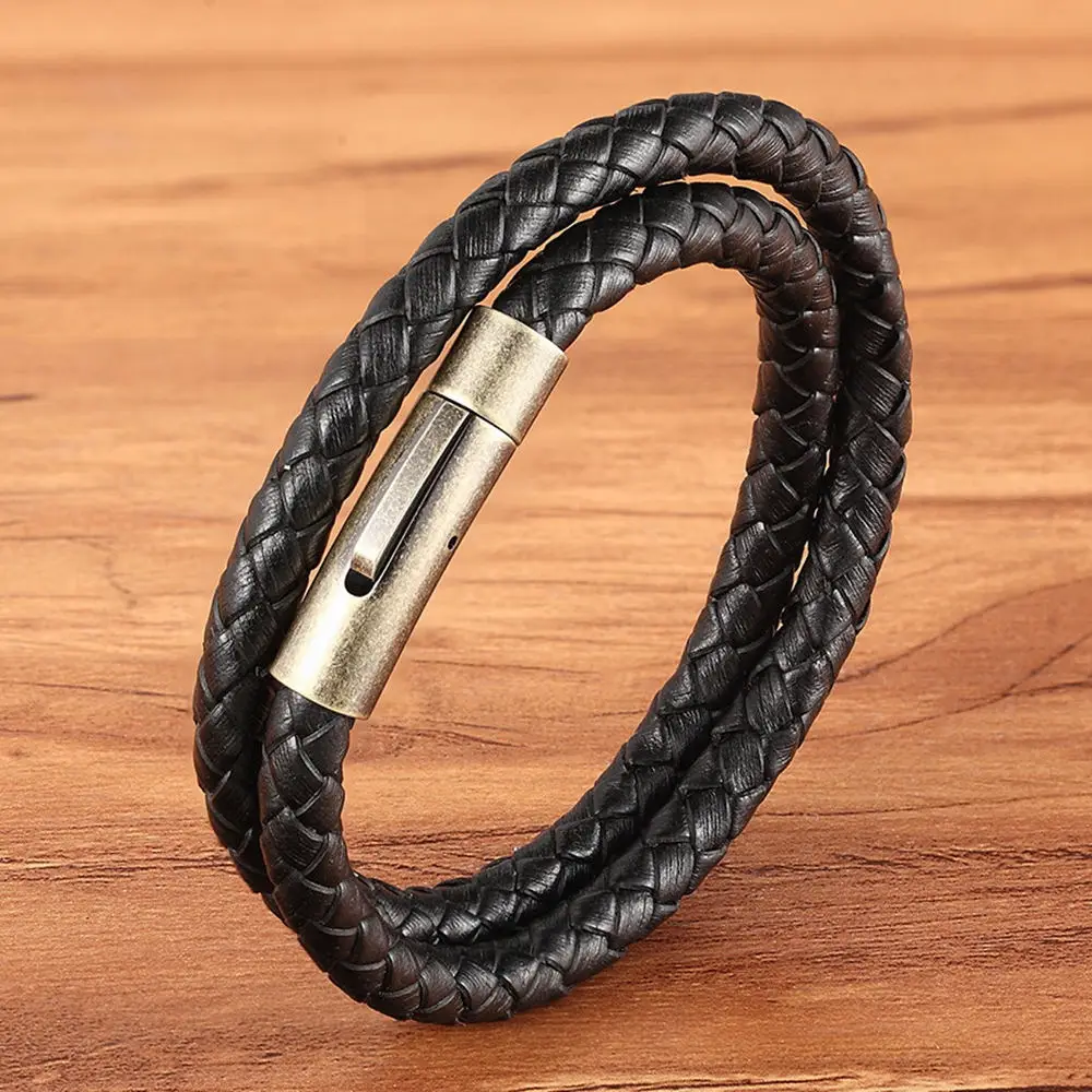 XQNI классический стиль ретро Пряжка двойной тканый кожаный мужской кожаный браслет из нержавеющей стали для памятного подарка ювелирные изделия - Окраска металла: Black