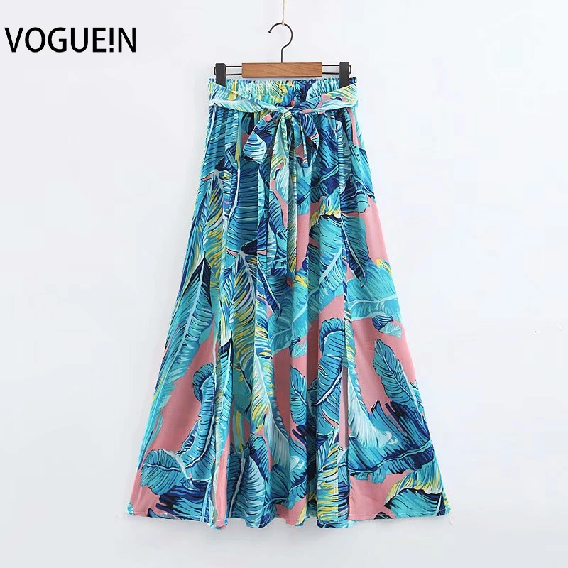 

VOGUEIN New Womens Retro Tropical Leaf Plant Print A-Line Tie Belt Elastic Waist Maxi Skirt Wholesale