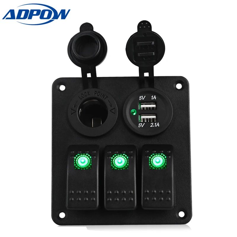 

ADPOW 3 Gang LED Marine Boat Switch Panel for Boat Motorcycle Auto Cigarette Lighter Socket Car Waterproof Rocker Switch Panel