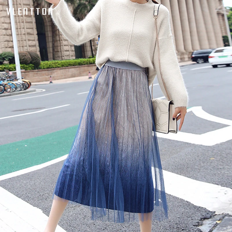 

2019 New Elegant Pleated Skirt Women Gold velvet Mesh Tulle Long Skirts Spring autumn Casual High Waist A-line Midi Skirt Female