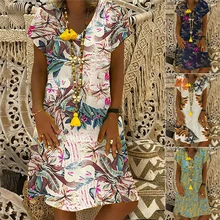 Женское винтажное платье-рубашка с цветочным принтом и v-образным вырезом, пляжные платья De Verano, свободные короткие рукава, большие размеры XXXL, Летнее мини-платье
