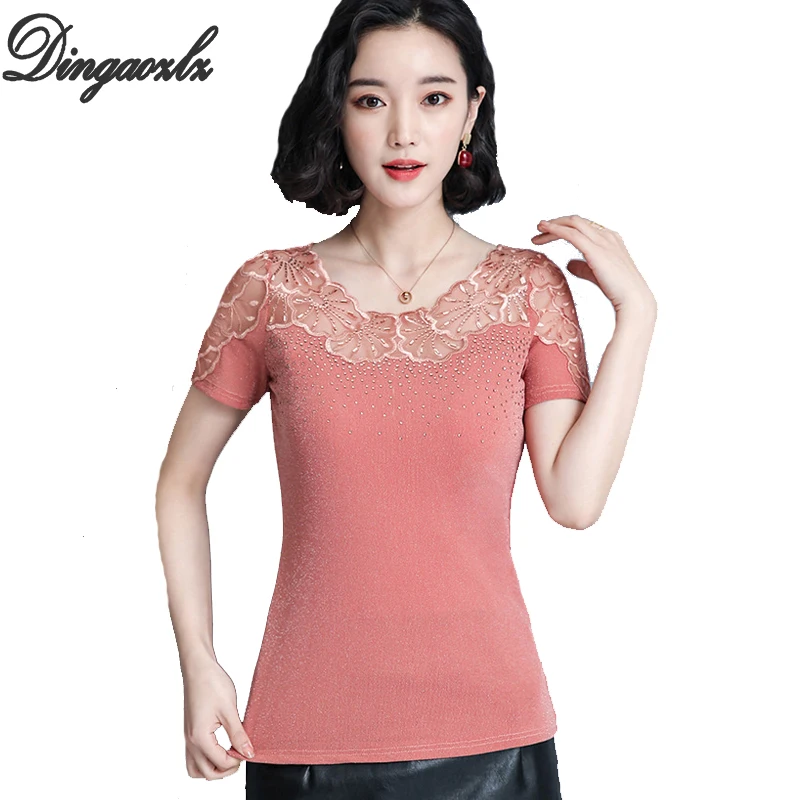 

Dingaozlz Summer lace Tops New Short-sleeved Korean fashion clothing Plus size Women blouse Casual Lady shirt