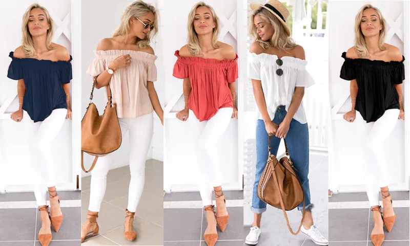 Off Shoulder Blouse Shirt Women Tops Ruffles Sexy Chiffon Blouse Elastic Collar Summer Top Chemise Femme Blusas01