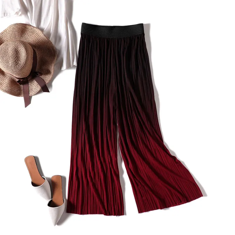 VRIGINER Летние повседневные градиентные тонкие шифоновые широкие штаны женские плиссированные брюки с эластичной талией Милые Пляжные женские леггинсы - Цвет: Burgundy
