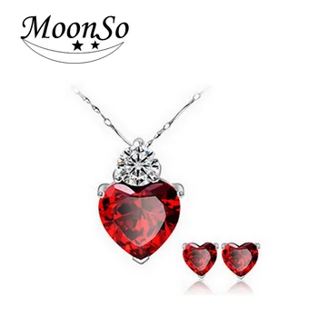 

Moonso Two Gifts Real 100% Sterling Silver Red Austrian Crystal Heart Shape Stud Earrings and necklace Jewelry J580