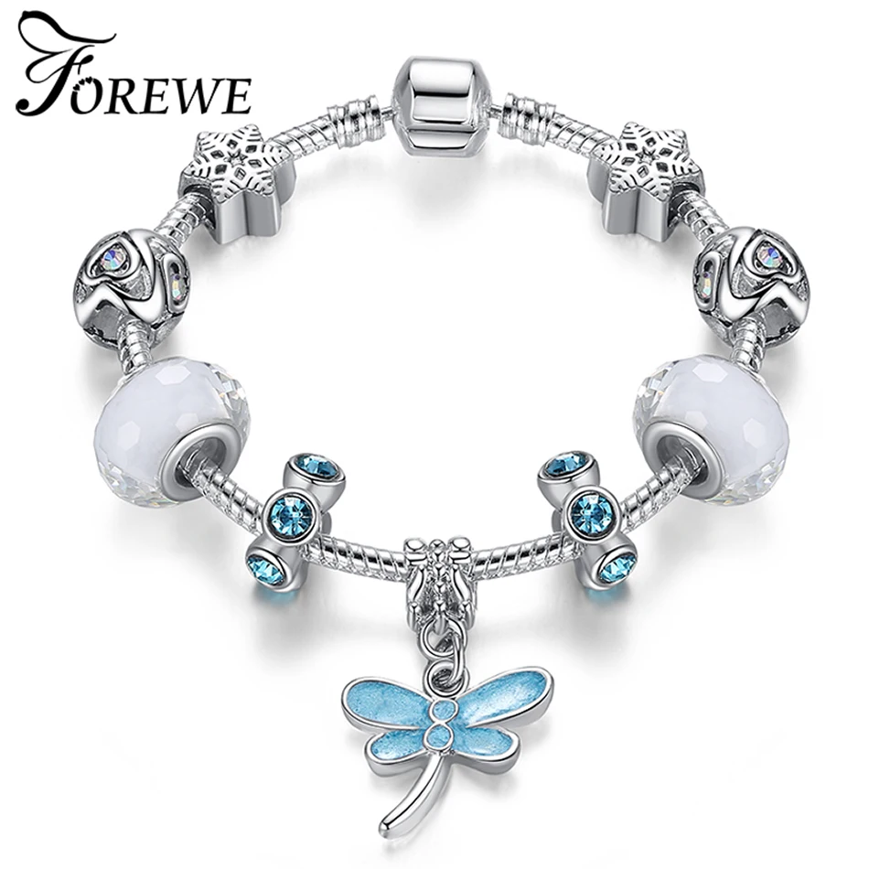 

Simple Friendship Bracelets Enamel Silver Dragonfly Heart Charm Bracelet with European Crystal Beads Girl Women Bracelet Jewelry