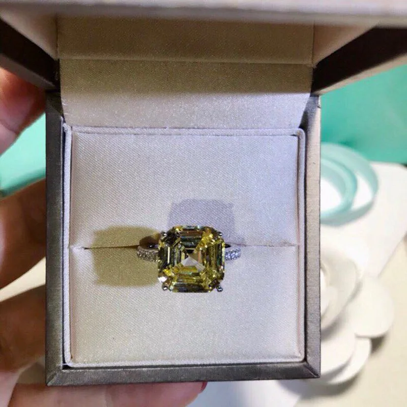 Горячее предложение, 5 карат, квадратный циркон, обручальное кольцо на палец, чистое 925 пробы серебро, винтажное свадебное кольцо, желтое циркониевое кольцо, ювелирное изделие