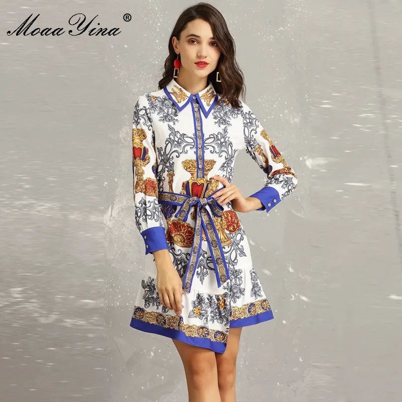 

MoaaYina Fashion Designer Runway Dress Spring Women's Turn-down Collar Long sleeve Beading Floral-Print Asymmetrical Mini Dress