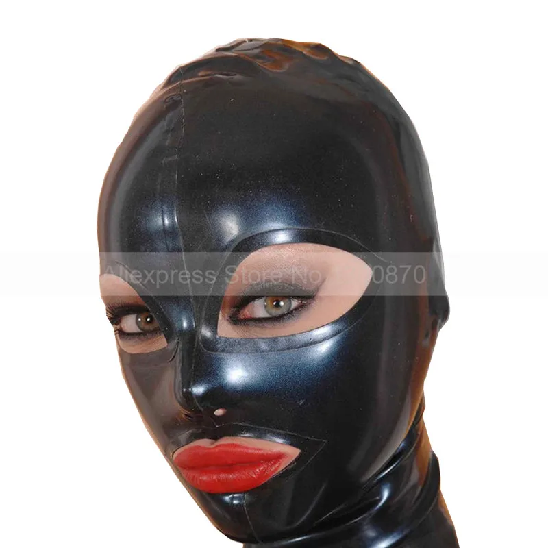 

Solid Black Latex Hood Rubber Gummi Unisex Women Man Mask Open Eyes Mouth And Nostrils S-LM114
