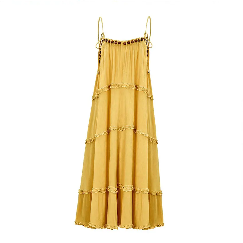 JSMY 2019 New Summer Fashion Women Wave fold Bohemia Style Beaded Sling Beach Dress