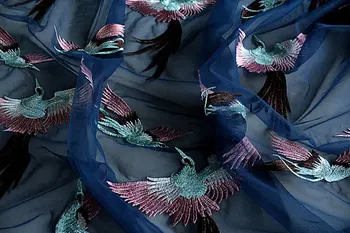 

5 yards heavy embroidered lace fabric in multi color birds pattern floral, blue mesh lace fabric in multi-colors floral