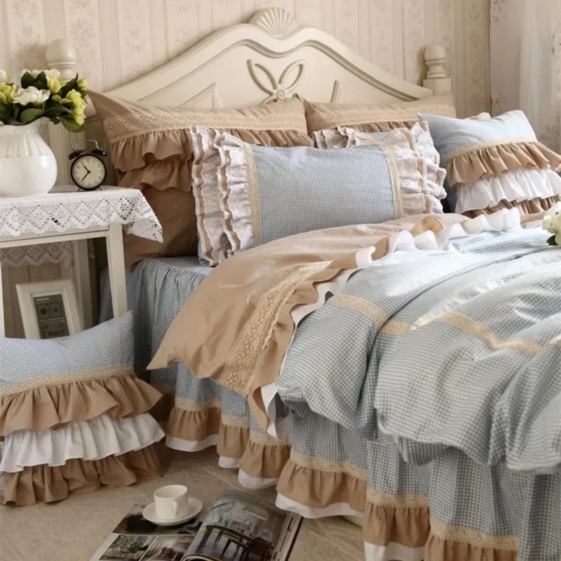 

SUCSES Classic Blue Lace Bedding Set Flounces Lattice Block Process Princess Bedding Ruffle Duvet Cover Bedskirt Bed Sheet Sets