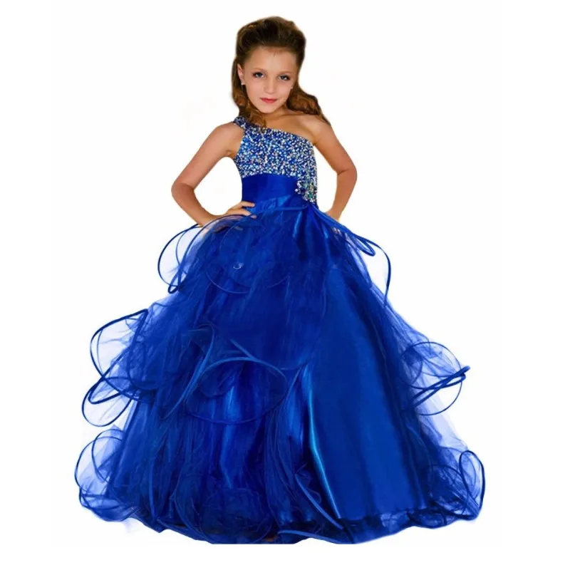 Вышитая ткань с синим бисером, элегантные пышные платья для девочек, пушистое длинное детское платье для выпускного вечера, пышное платье