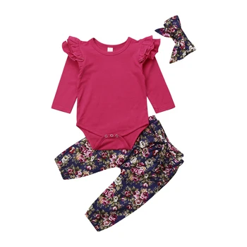 

3Pcs/Set Infant Newborn Baby Girls Clothes Solid Long Sleeve Jumpsuit Romper Bodysuit Flower Pants Autumn Outfits DNFS
