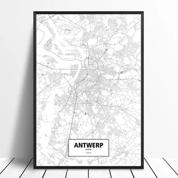 

Antwerp, Belgium Black White Custom World City Map Poster Canvas Print Nordic Style Wall Art Home Decor
