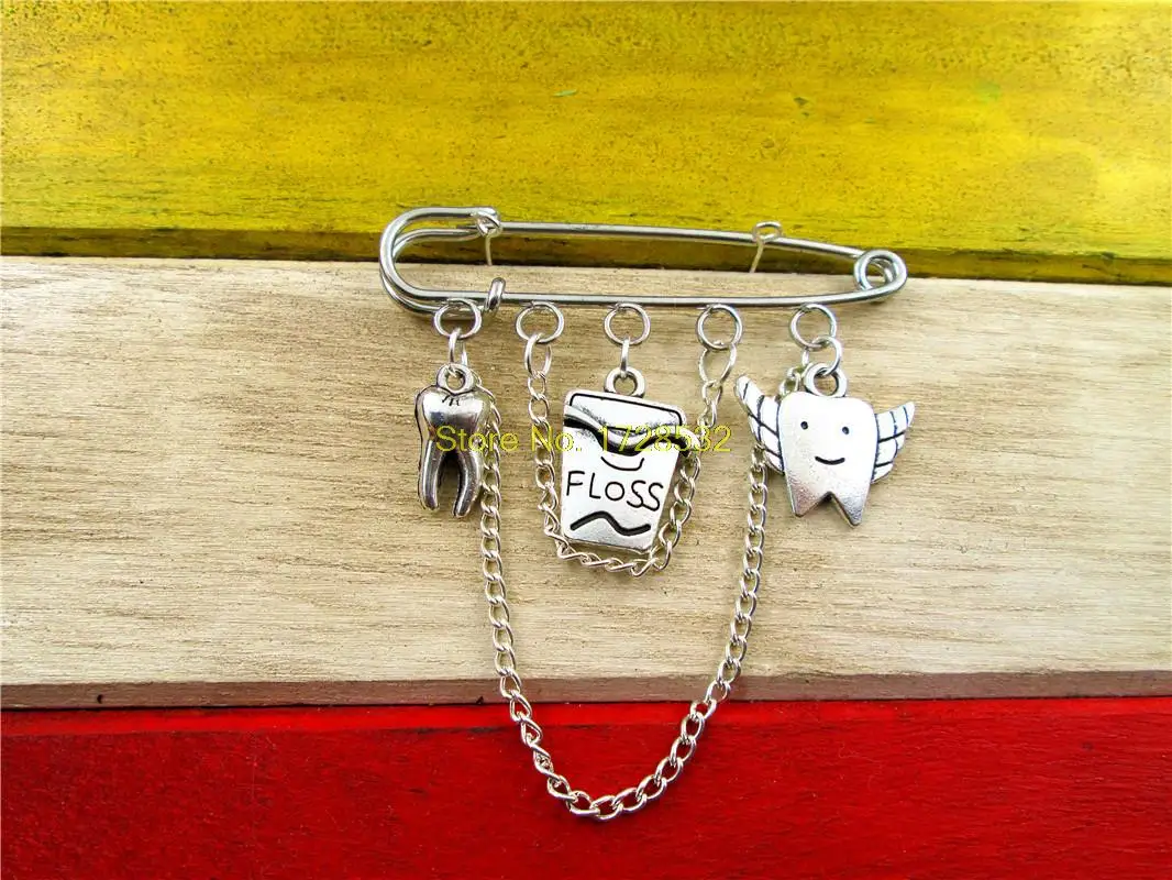 

Hot sale Dental Hygienist brooch Antique silver Tooth fairy/dental floss /tooth brooch pin brooch
