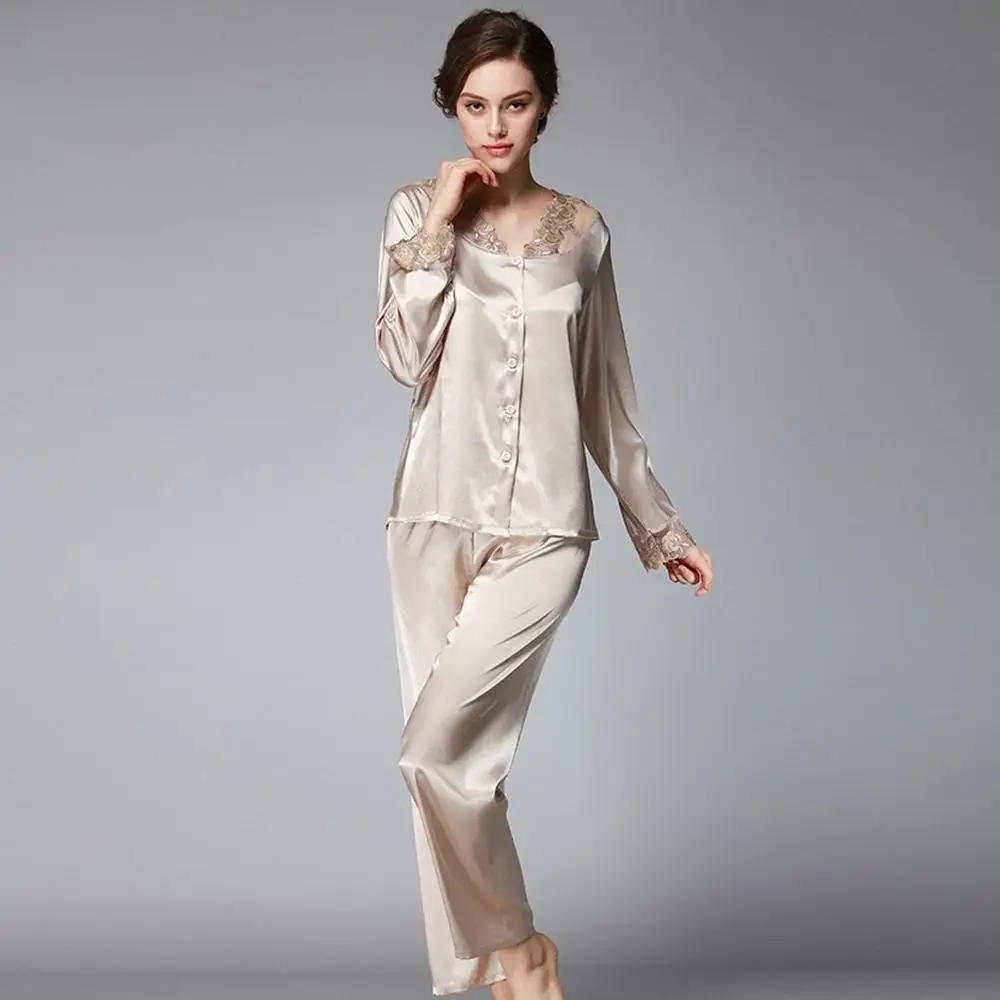 

Women Fashion Sexy Silk Womens Solid Color Satin Button-Down Lace Pajamas Set Sleepwear Pajamas For Women