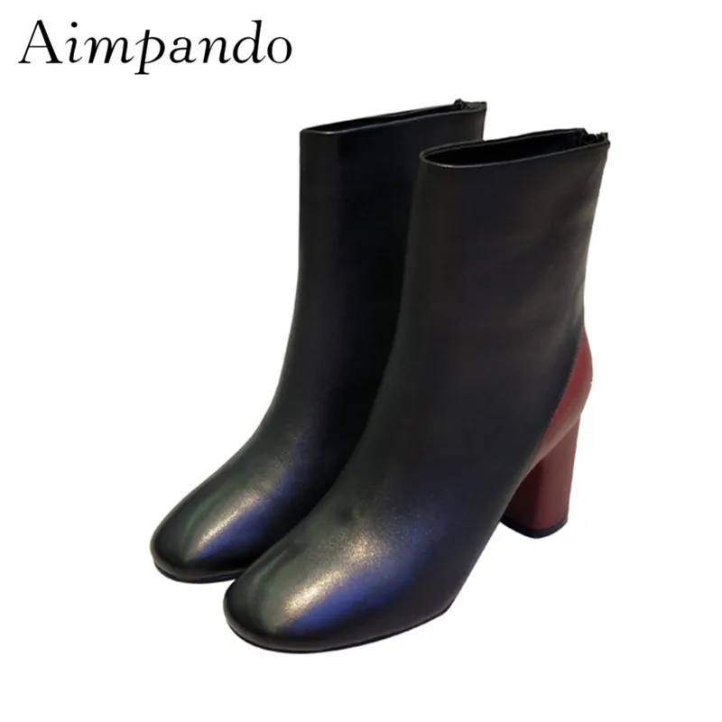 

Ankle Boots Women Fashion Runway Boots Round Heel Patchwork Mixed Color Leather Short Booties Women