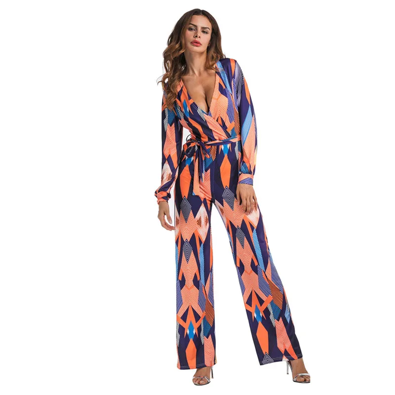 2018 New Women Romper Boho printing Jumpsuit Autumn Long Overalls Jumpsuit Female Chest Wrapped