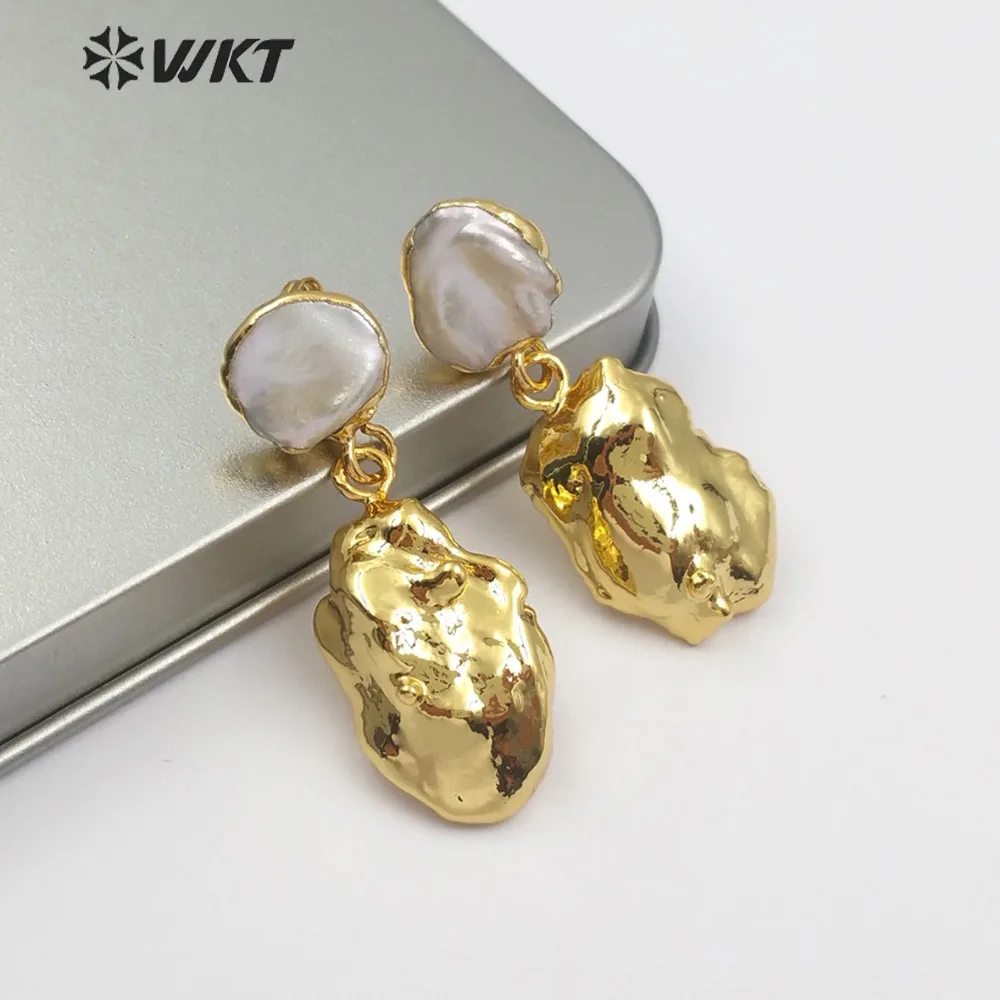 

WT-E490 Freshwater Pearl Stud With Random Shape Baroque Jewelry Full Gold Dipped Double Material Earring Boho Gift For Women