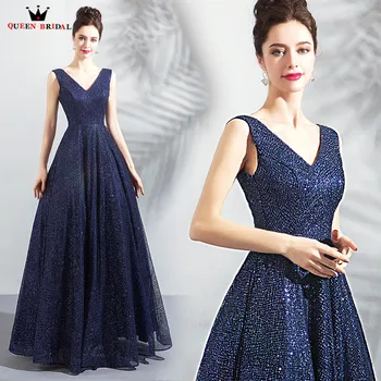 

A-line Sequin Tulle Beaded V-neck Backless Dark Blue Vintage Evening Dresses 2020 New Arrival Evening Gown Robe De Soiree JU03