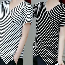 Women blouse 2019 Fashion Ladies' Short Sleeved  Lrregularity  Shirt With  V Neck Stripe Shirt