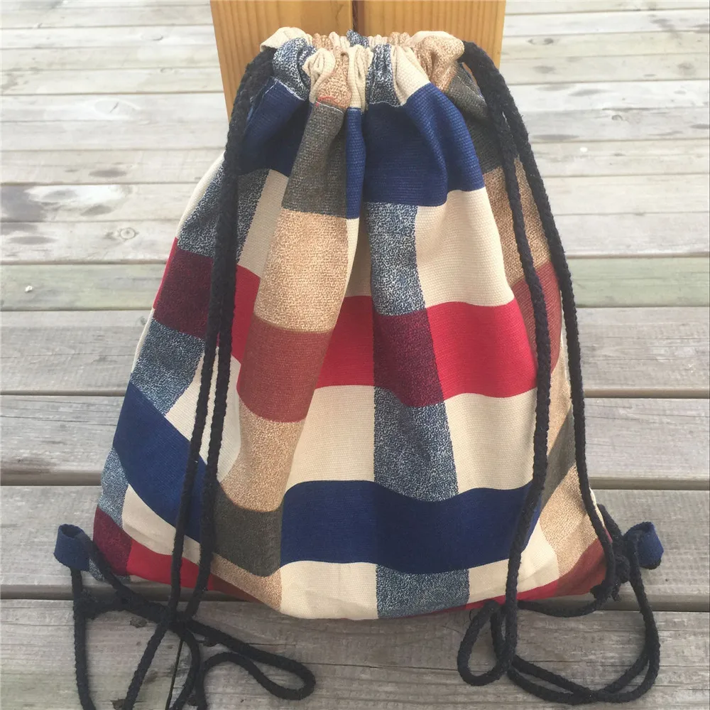 

YILE Cotton Canvas Eco Drawstring Travel Backpack Book Shoes Bag Plaid Check 8923a