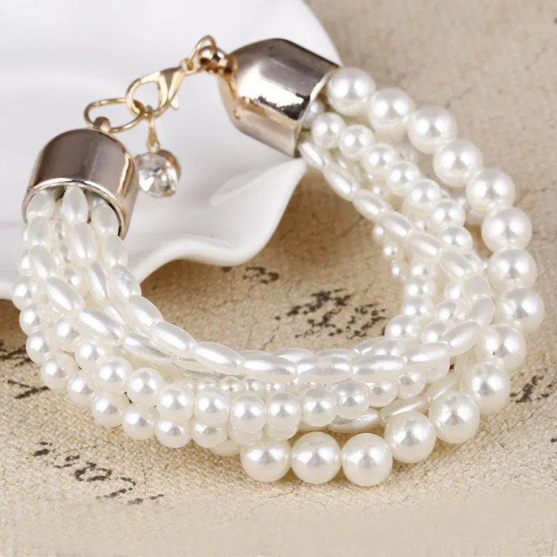 

Luxury Imitation Pearl Wrist Bracelet Bangle For Women Charming Wedding Jewelry Multi Layers Crystal African Besds Bracelet