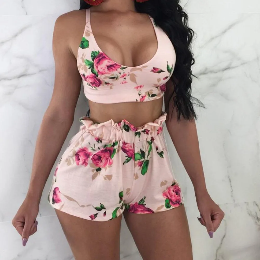 

2Pcs Women fashion summer vetement femme 2019 print Sport Short Pants Sets Sexy Print Sleeveless bustier top Wear Casual Suit