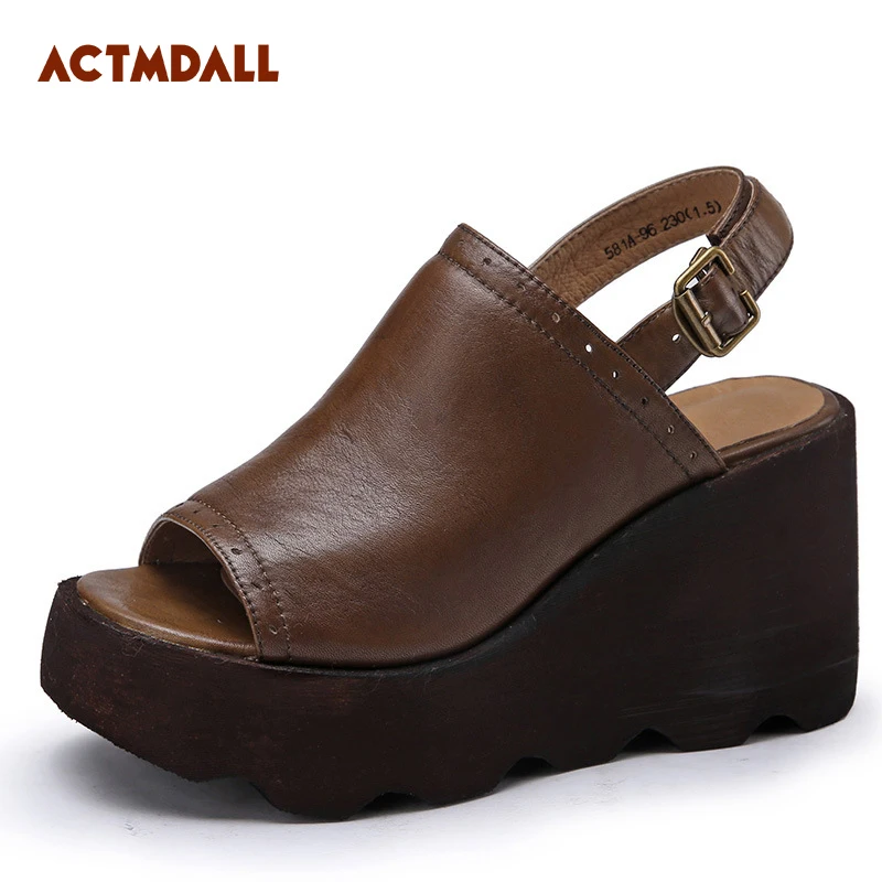 

2019 Fashion Peep Toe Summer Wedges Platform Women Sandals Leather High Heels Sandals Women Thick Bottom