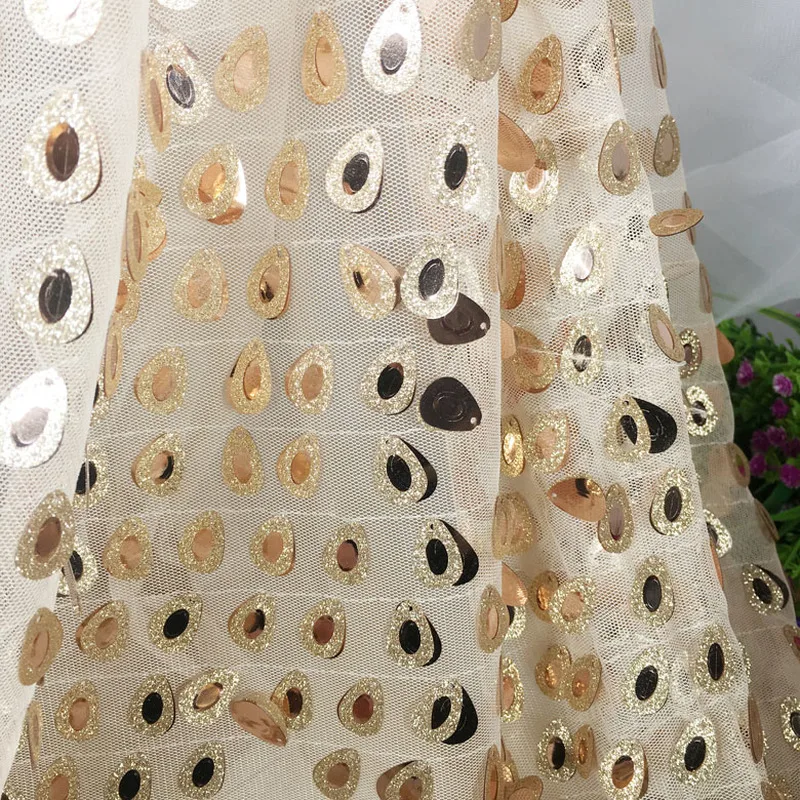 

GLace 1Y/Lot African Lace Fabric Gold Drop Laminated Mesh Embroidered Lace Fabric for Dress Sequin Fabric TX852