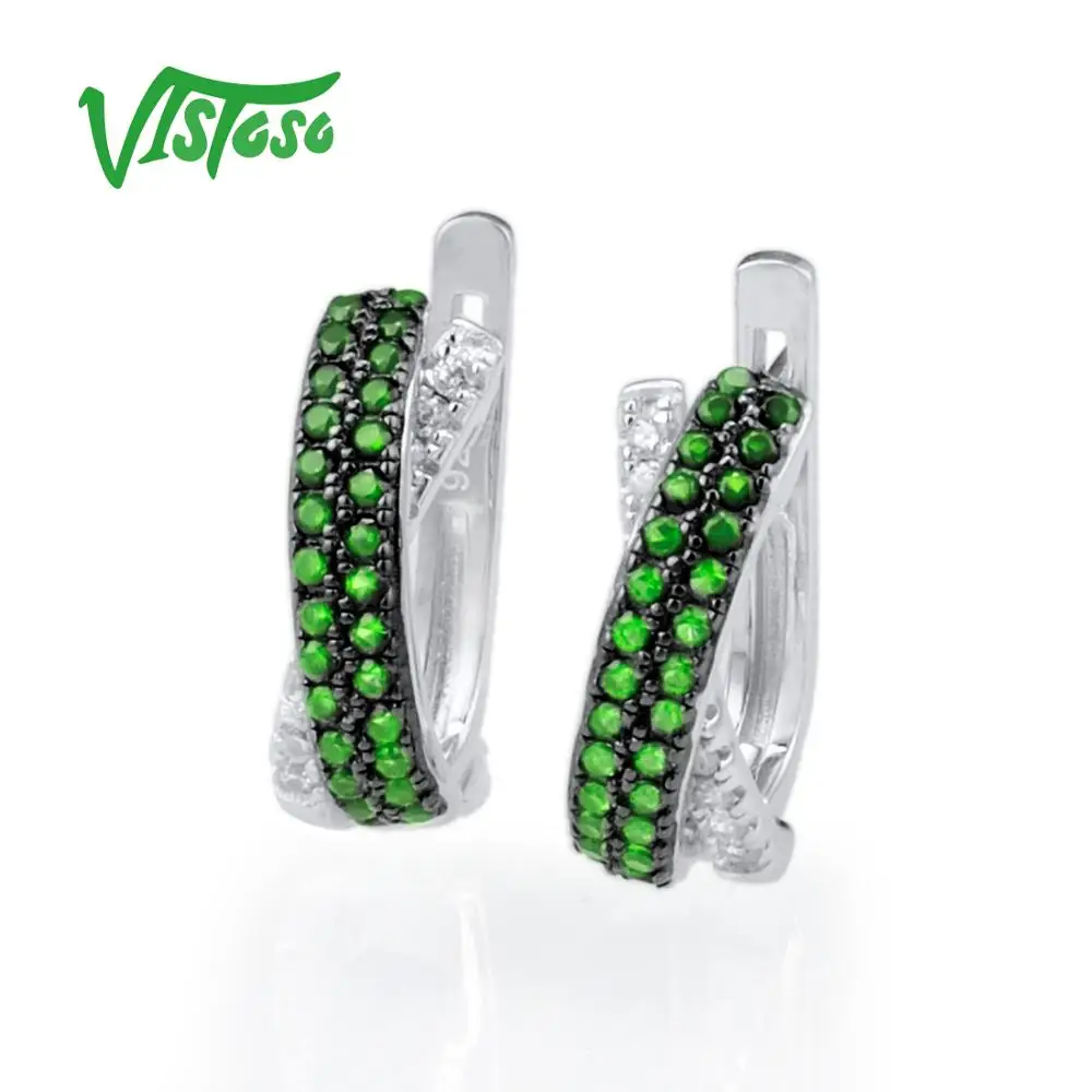 VISTOSO 925 Round Green Spinel Sterling Silver Stud Earrings Jewelry Round White Cubic Zircon Luxury Ear