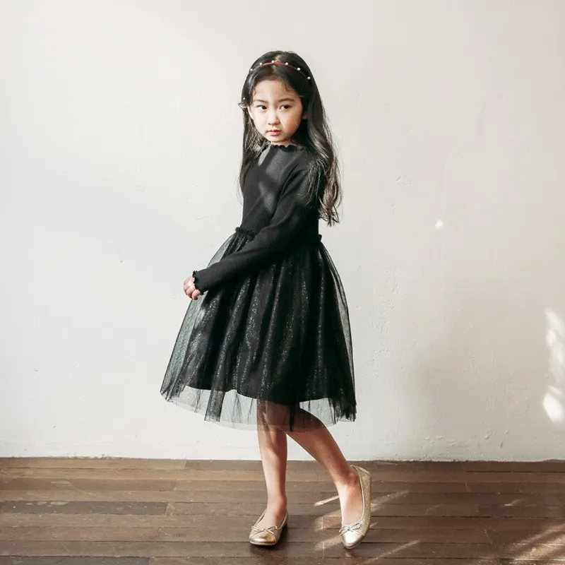 Черное платье из тюля для подростков; Осень-зима г.; Сетчатое лоскутное платье принцессы для маленьких девочек; праздничная одежда для детей на день рождения