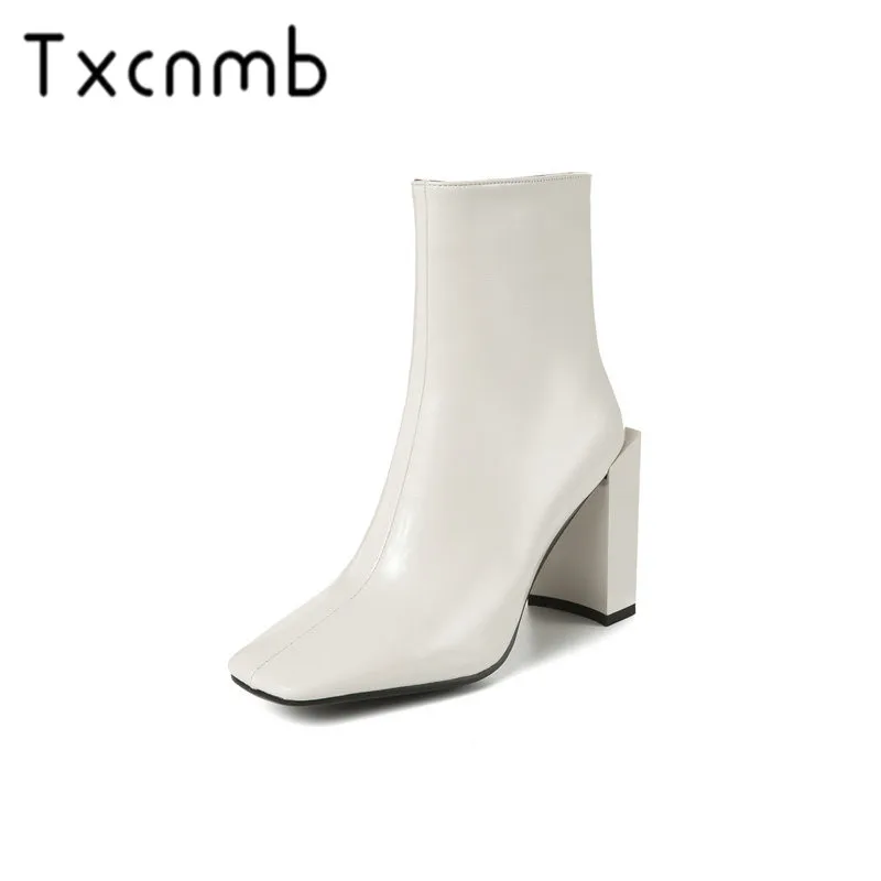 

TXCNMB 2019 Boots Women New Autumn Fashion Genuine Leather Women Ankle Boots Zipper Round Toe High Heels Chelsea Boots