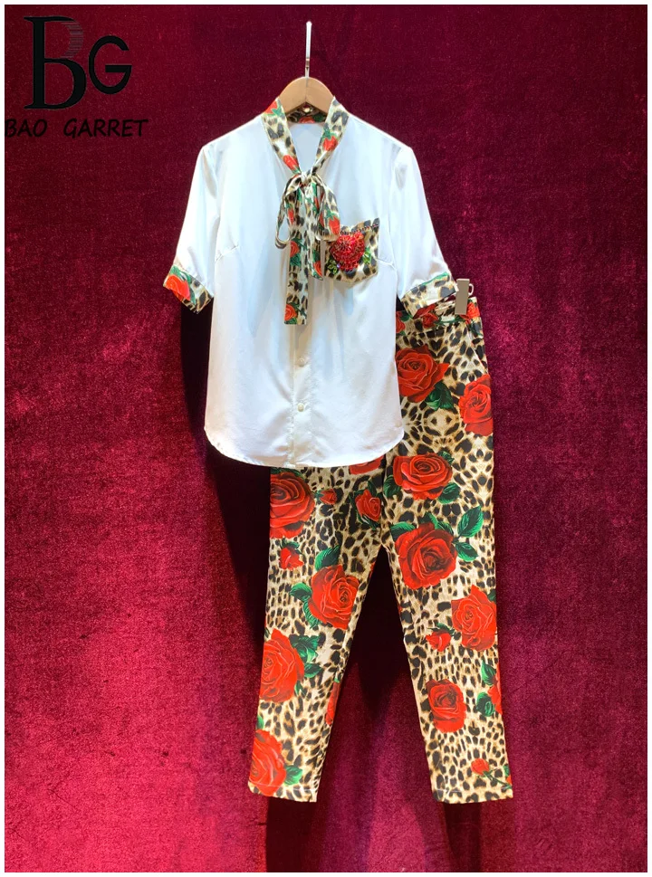 

Baogarret 2019 Runway Summer Autumn Rose Leopard Printed Two Piece Set Vintage Elegant Party Pants Suits Female