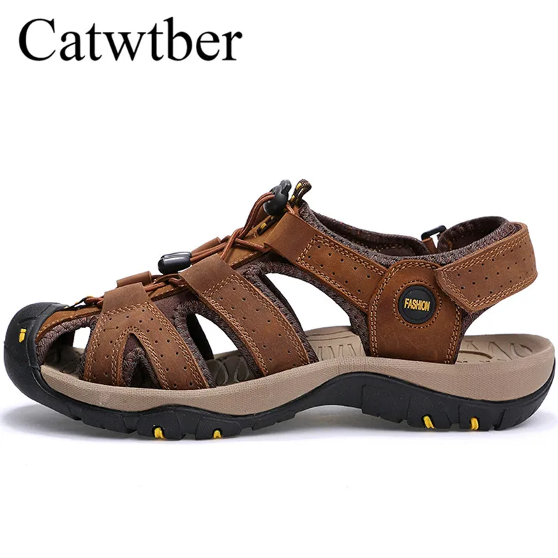 

Catwtber High Quality Leather Sandals Men Shoes Fashion Black Male Leather Sandals Summer Beach Shoe Flats Mens Sandals Sneakers