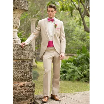 

slim fit beige wedding suits for men peaked lapel best men tailcoats morning suits one button groomsmen(Jacket+Pants+Girdle)