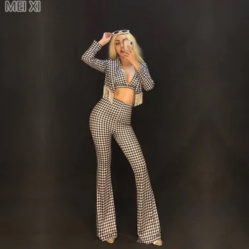 

Sexy black and white check print tassel three-piece birthday celebration party evening dress concert dance singer costume
