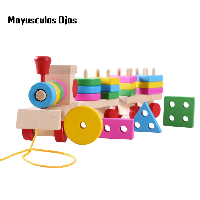 

ZH 1PC Wooden Toy Train Three Building Blocks Dragging Small Train Children Shape Cognitive Toy