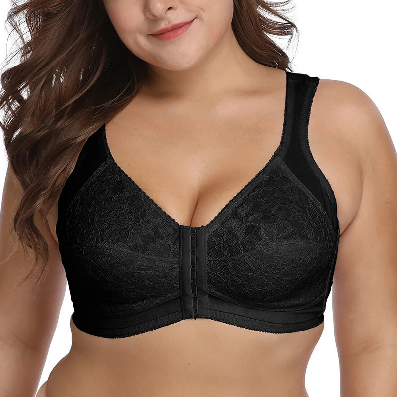 

Womens Front Closure bra Full Coverage Non-padded Underwear Floral Embroidery Zipp Front Wireless Bra Lingerie for Woman 48DD