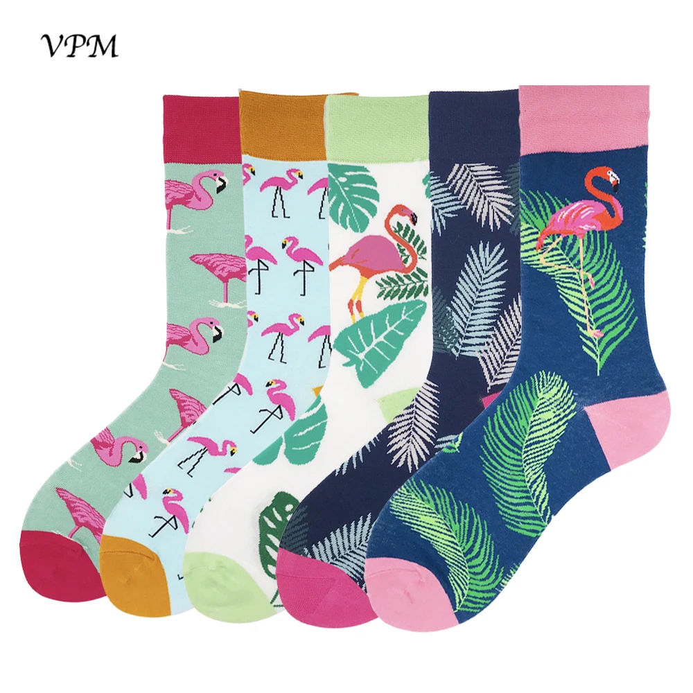 

VPM Colorful Combed Cotton Mens Socks Funny Happy Flamingo Leaf Feather Dress Harajuku Sock Best Wedding Gift Box 5 pairs / lot