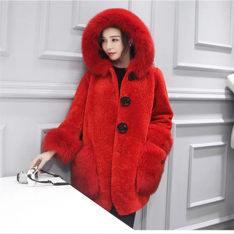 Full Sleeve Hoodies Hooded Jacket Faux Lamb Fox Fur Collar Long Coat