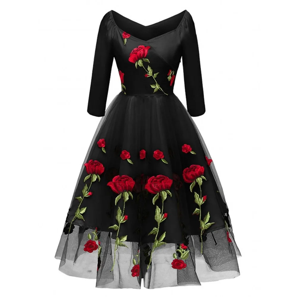 

Vintage Rose Embroidery Lace Dress V-Neck 3/4 Sleeves Wrap High Waist Big Swing Dress Elegant Retro Black Mesh Party Vestido