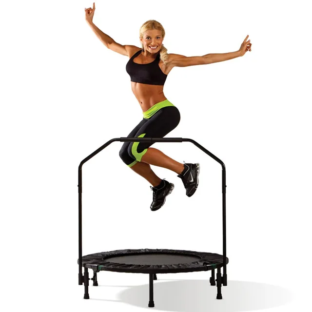 Cheap Indoor professional fitness adults children Trampoline with handrail stainless steel and PP net folding maximum load:150KG