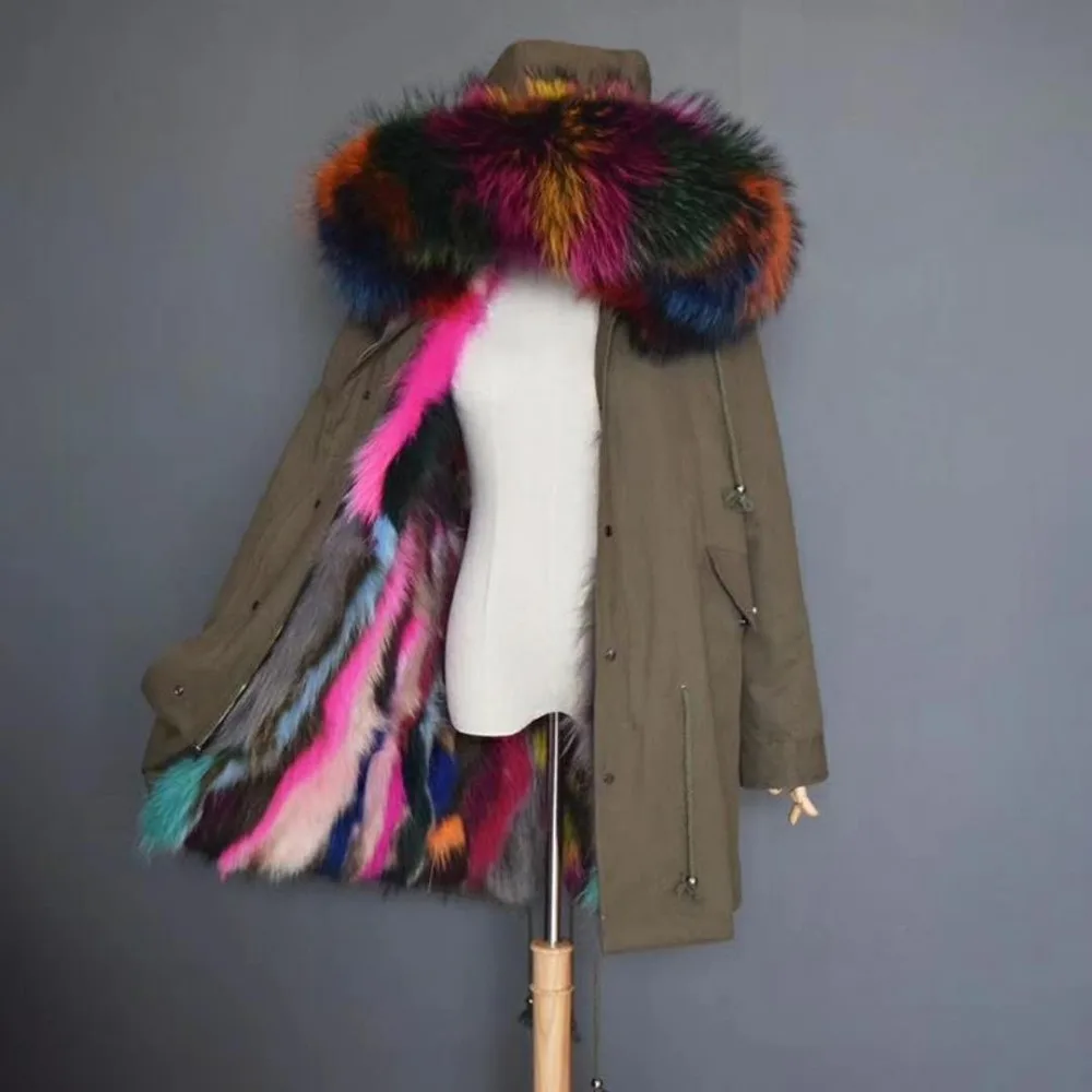 Пальто с натуральным мехом, зимняя куртка, Женская длинная парка, водонепроницаемая, большая, с натуральным мехом енота, с воротником, с капюшоном, толстая, теплая, с натуральным лисьим мехом, подкладка