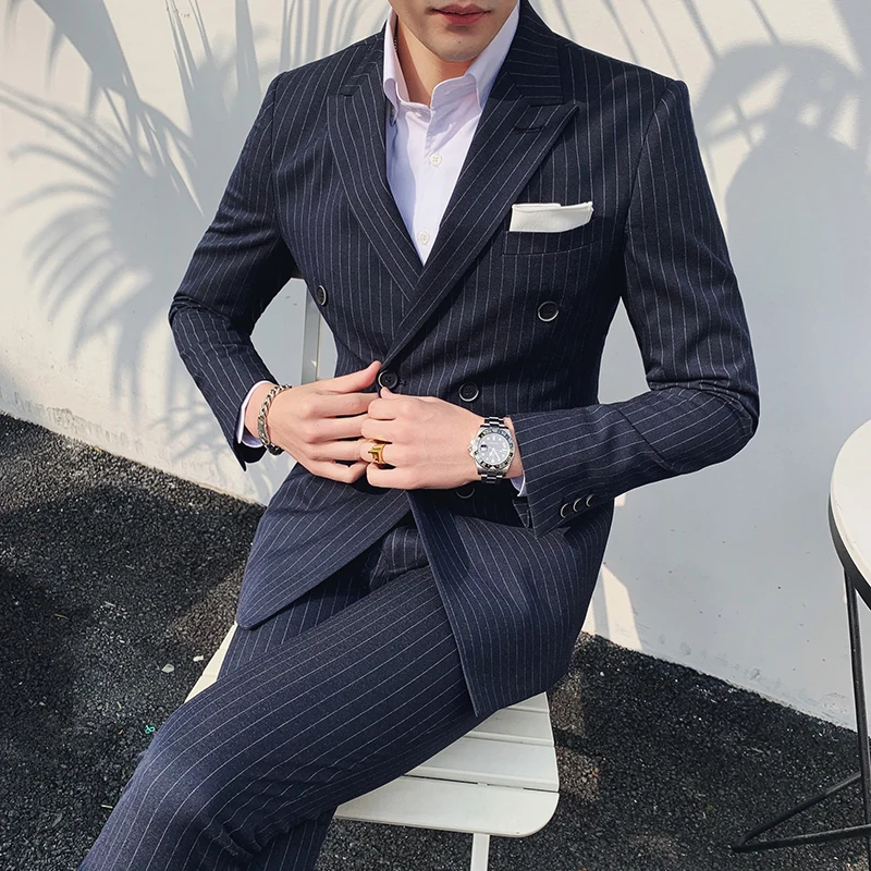 

Suit Men(Jacket and Pents) 2019 Business Wedding Groom Formal Dress Set Slim Fit Coffee Blue Double Breasted Male Stripe Suit